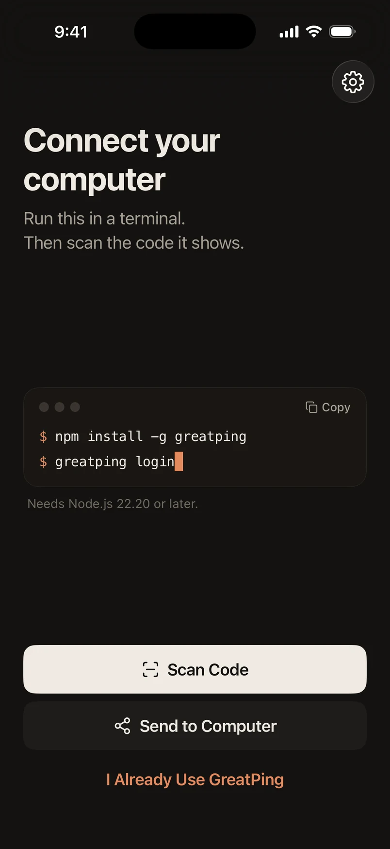 The GreatPing app asking you to run npm install -g greatping and greatping login, then scan the code