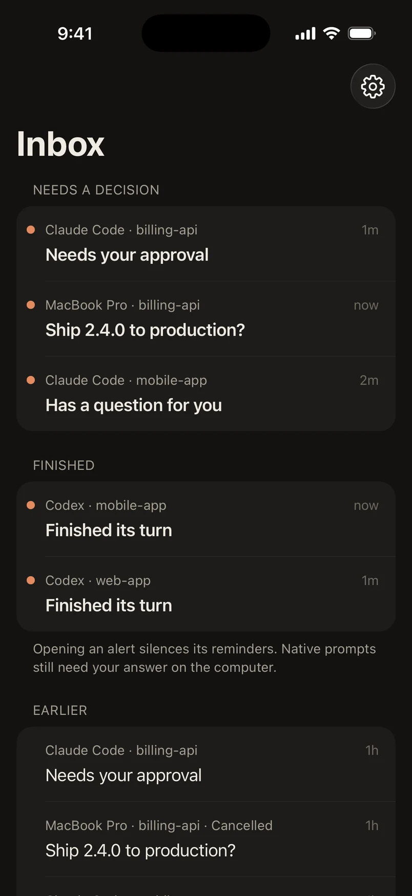 The inbox with a decision waiting, earlier alerts and one computer